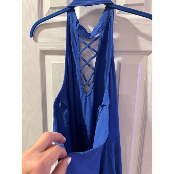 NWT Express Blue Knit Dress Sz L Criss Cross Chest Open Back Mini Halter Choker - Picture 12 of 14